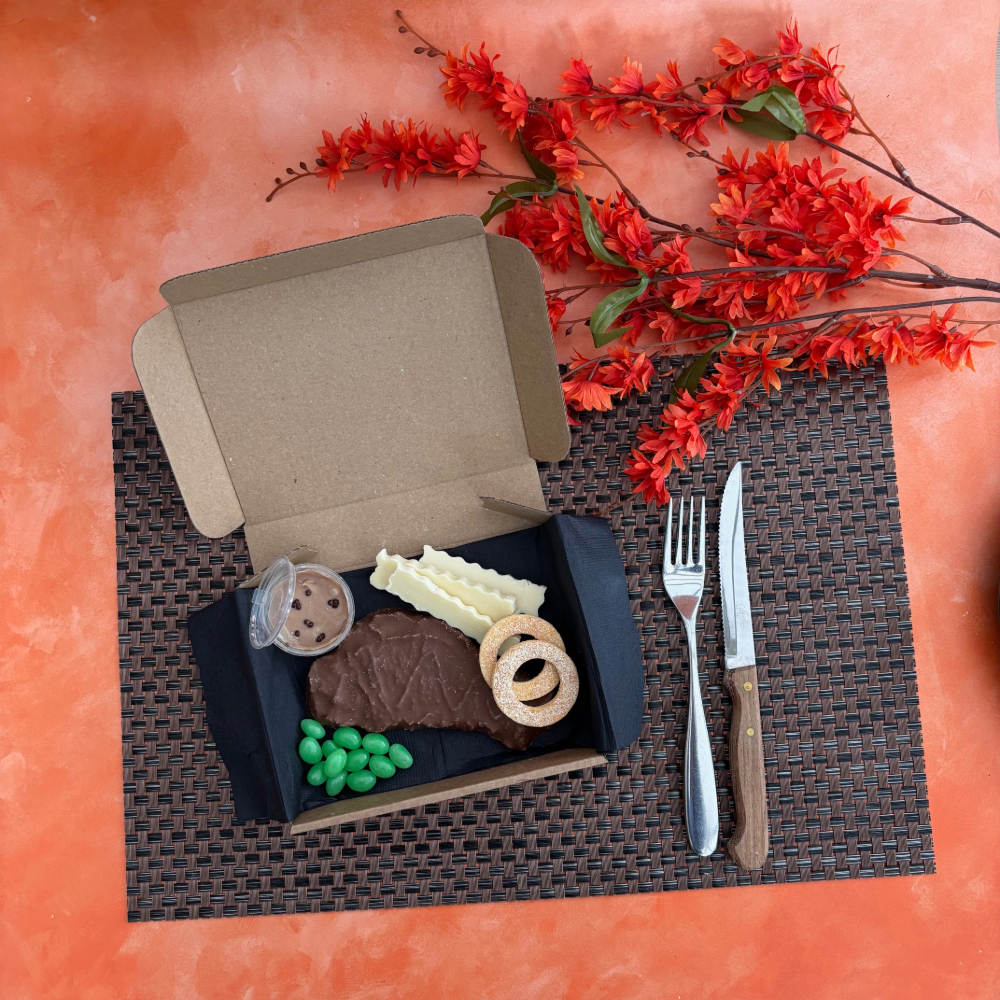 Chocolate Steak and Chips, presented on a place mat